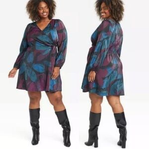 NWT Ava & Viv Balloon Long Sleeve Midi Wrap Dress In Black Floral Size 1X